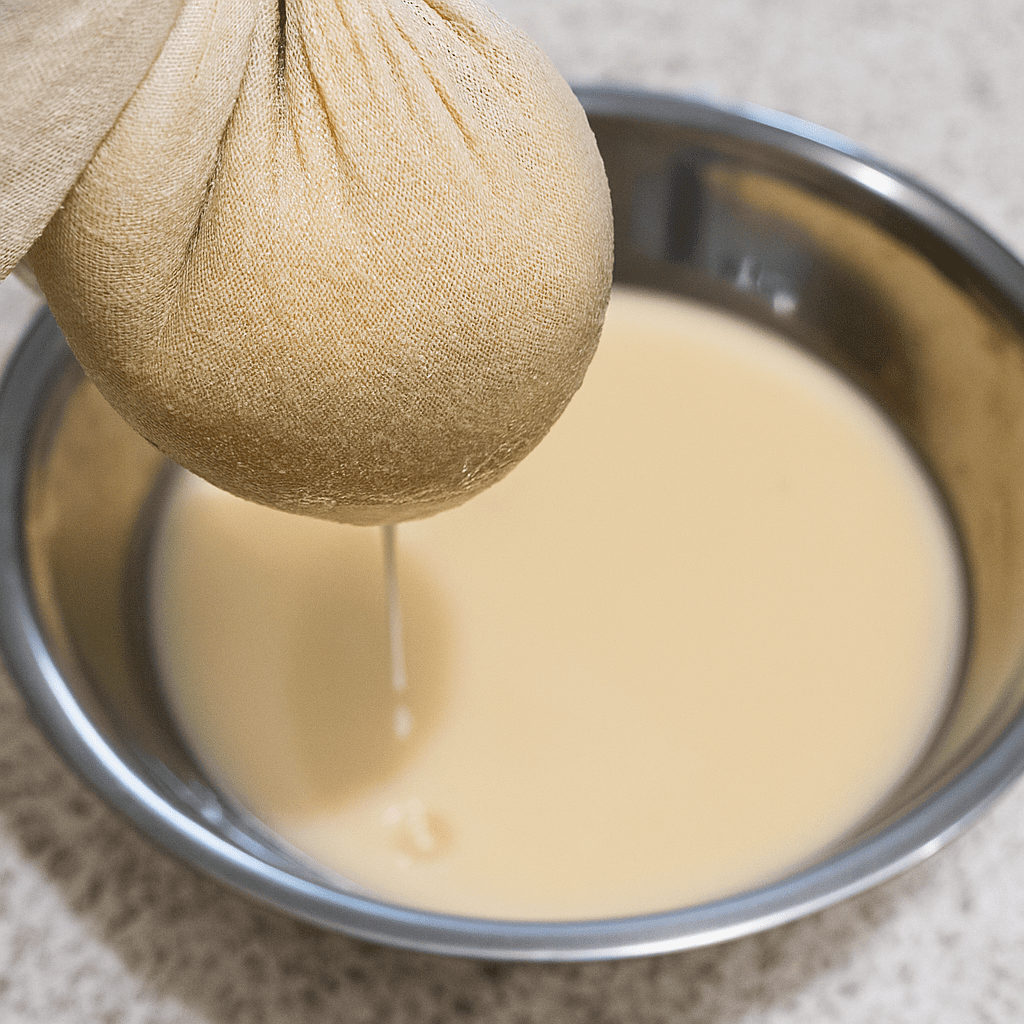 막걸리를 면보에 싸서 채주한다.