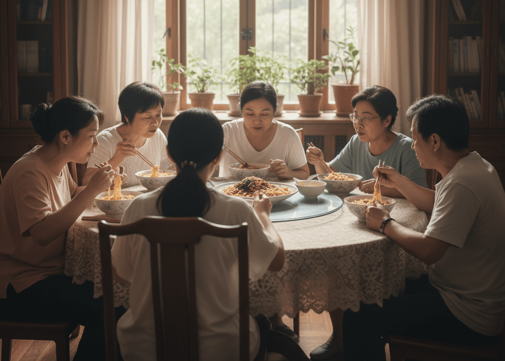 자장몐을 먹고 있는 가족들