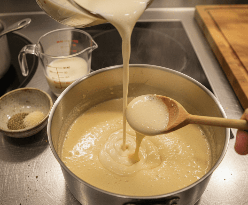베샤멜소스에_우유를 부으며 완성하는 과정