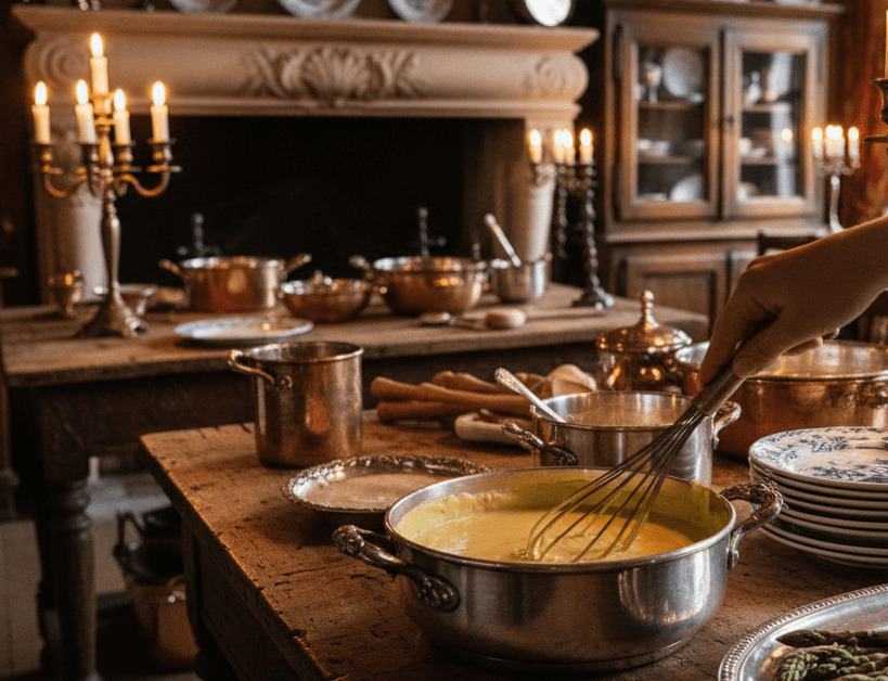 홀랜다이즈 소스가 놓인 엔틱한 테이블